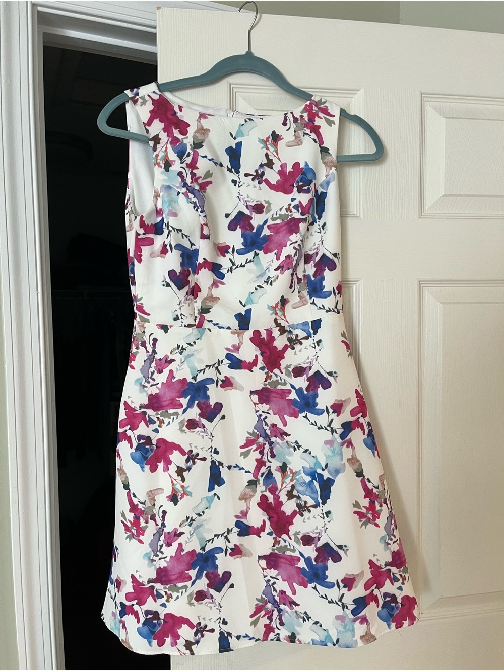 European Culture White Mini Dress with Pink & Blue Floral Print